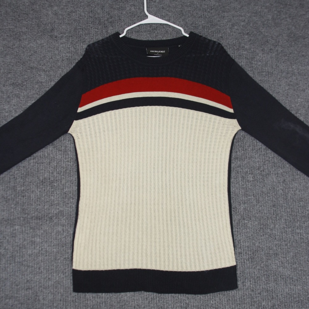 Anerkjendt Sweater Womens M Navy Cream Red Knit Striped Crew Neck Long Sleeve